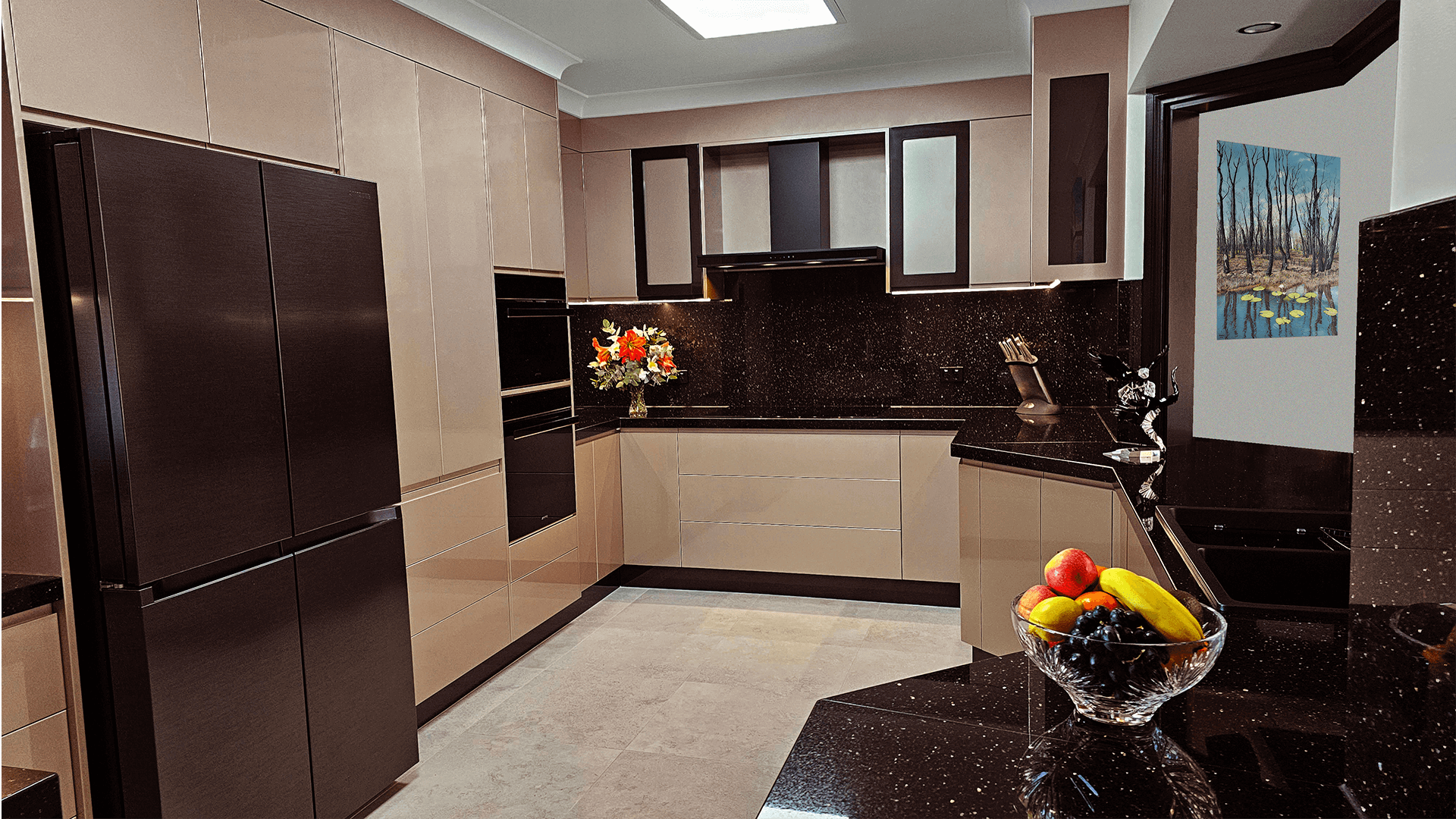 2 Pack Soft Close Doors & Electric Soft Close Drawers with Black Galaxy Granite Tops & Splashbacks with Waterfall Ends 